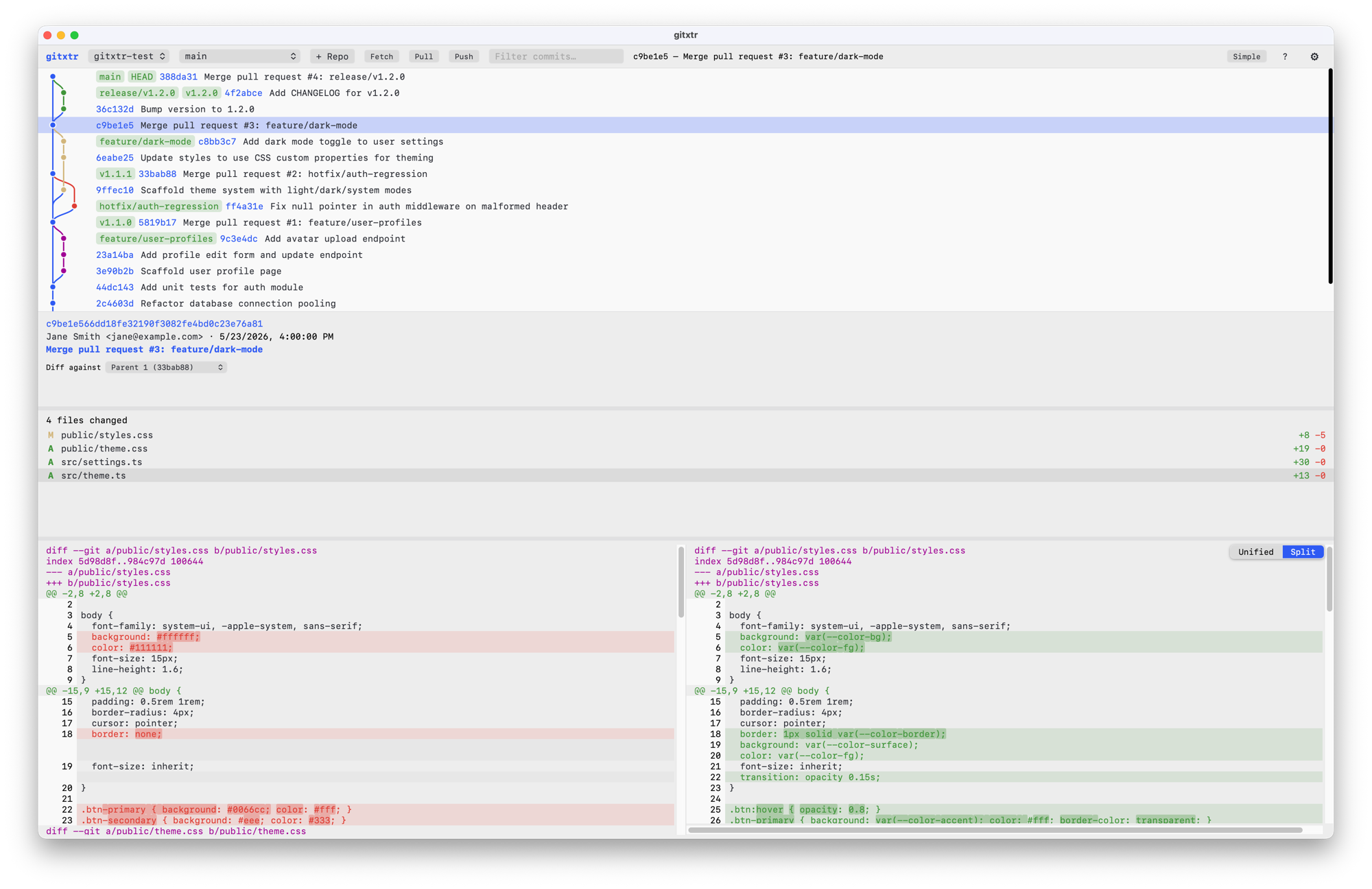 gitxtr showing a multi-branch commit graph with split diff viewer